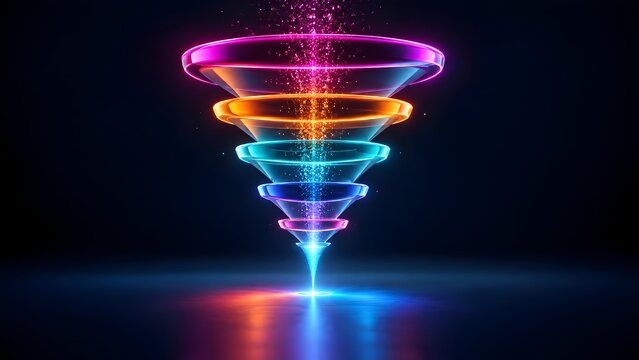 Futuristic glowing neon glass funnel emitting colorful energy light beam representing high tech data processing and sorting