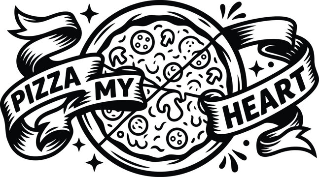 Vintage pizza my heart vector illustration, retro woodcut style pizza pie with ribbon banner, black and white food pun graphic for t-shirts and menus