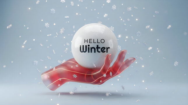 Hello winter text on a white sphere held by a glowing red hand with falling snowflakes