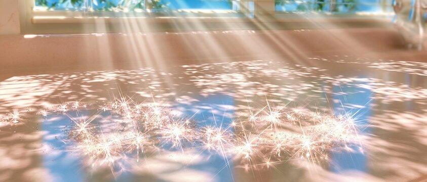 Strawberry pink kitchen countertop with golden beams of light and sparkling glints, a smooth surface with copy space for a banner