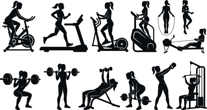 Vector gym and fitness workout black silhouette icon set containing women lifting weights running training and cardio equipment collection