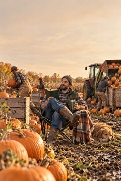 Man reading a book in a folding chair amidst a chaotic pumpkin harvest, cozy and unbothered for autumn lifestyle and insurance advertising