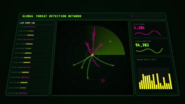 Global Threat Detection HUD Interface Cyber Security Radar Scanning Real-time Data Visualization