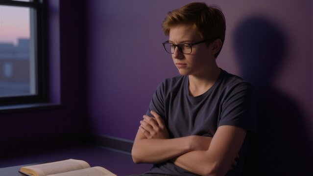 Young man wearing glasses sitting at a desk in a dim purple-lit room, studying and thinking beside books and a laptop, modern portrait of education, concentration and introspection