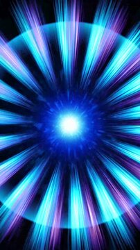Abstract blue energy tunnel with intense radial light beams rushing outward, dynamic sci fi phone screen background, electric speed warp effect, luminous central glow, digital technology animation.4k