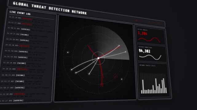 Cyber Security HUD Interface displaying Global Threat Detection Radar and Live Data Logs