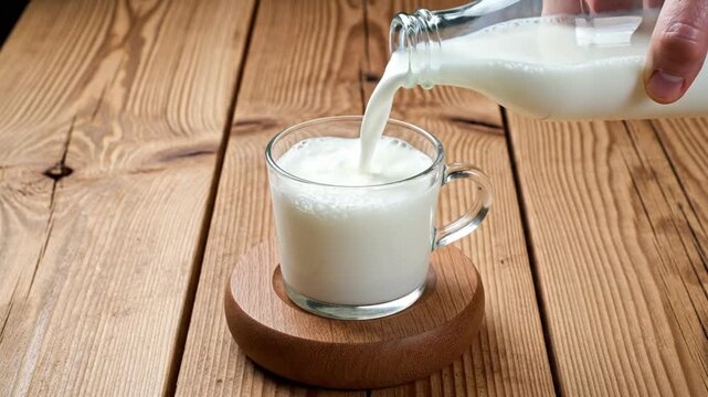 Pouring fresh milk from a glass bottle into a clear cup on a wooden table, simple morning routine