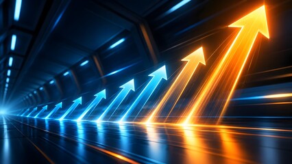 Fototapeta premium Abstract 3d glowing blue and orange arrows moving fast forward in a futuristic tunnel representing high speed business growth and future success