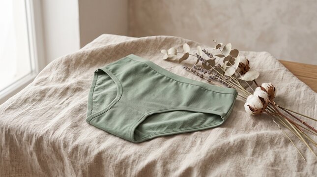 Soft sage green organic cotton women briefs on beige linen fabric with dried flowers highlighting eco-friendly sustainable lingerie and comfortable underwear