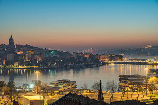Istanbul Turkiye (Turkey), city skyline sunrise at Golden Horn and Bosphorus Strait