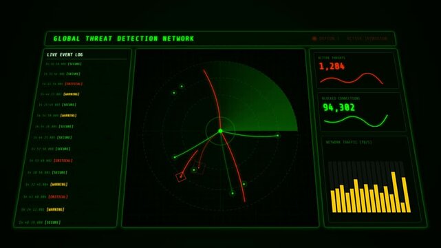 Cybersecurity HUD Interface displaying global threat detection network with radar and data charts