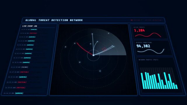 Cyber Security Dashboard Displaying Global Threat Detection Radar and Real-time Network Data 