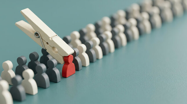 Clothespin pinching user icon symbolizes leadership and exclusion with red figure standing apart from diverse crowd on teal background, conveying social pressure and workplace discrimination