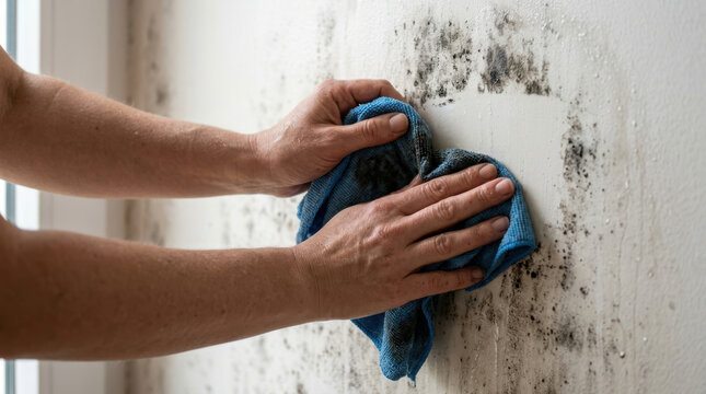 Cleaning mold from wall with blue cloth, close up hands removing dark mildew stains from damp interior surface during household maintenance and sanitation work
