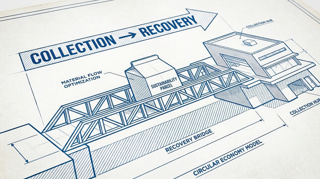 Collection recovery diagram showing material flow optimization, sustainable package processing, conveyor bridge, and circular economy model industrial facility with technical drawing detail