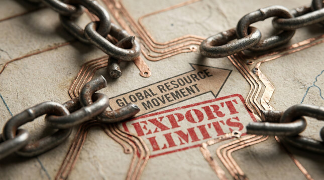 Copper conductor interruption under heavy chain with export limit stamp, symbolizing restricted global resource movement and supply control across circuit board pathways