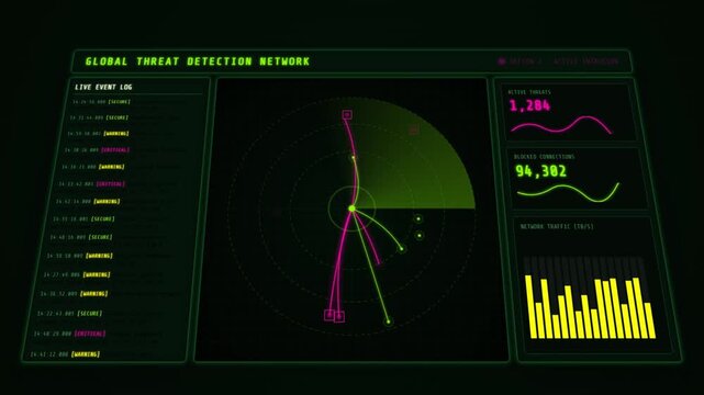 Global Threat Detection Network HUD Animated Radar Interface Cybersecurity Screen Display