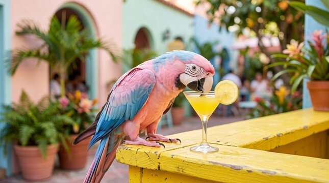 Colorful pink and blue parrot sipping a yellow tropical cocktail on a yellow wooden ledge depicting whimsical summer vacation, exotic wildlife, and resort vibes