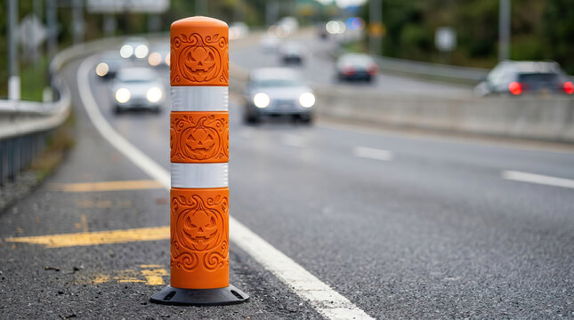 Flexible roadside bollard with orange pumpkin pattern beside wet multilane highway, guiding traffic through construction zone on overcast day with blurred vehicle movement and safety markings