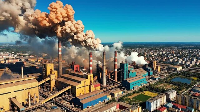 Aerial view of a large industrial factory polluting the city with thick toxic smoke and smog against a clear blue sky