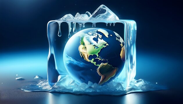 earth melting inside an ice cube on dark blue background
