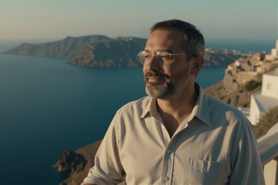 A middle-aged man stands on a cliffside in a serene Mediterranean coastal landscape, surrounded by a volcanic caldera and white-washed buildings.