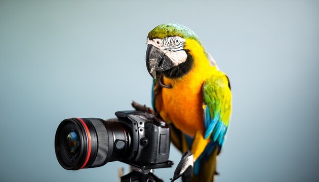 colorful parrot perched on a camera tripod in studio creative and funny concept of animal photographer idea
