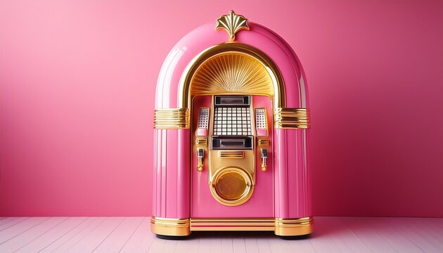 pink jukebox dreams a classic pink and gold jukebox sits against a vibrant pink backdrop a nostalgic symbol of music and bygone eras