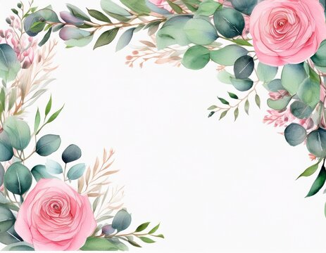pink roses and eucalyptus watercolor corner border for wedding invitations