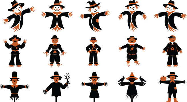 Thanksgiving Halloween scarecrow characters in orange and black