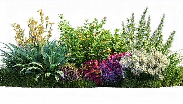 3d render shrub flowers and grass flowers green garden bushes cut out