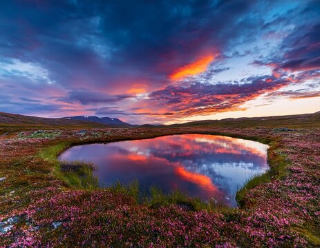 arctic tundra pond reflecting colorful sky at midnight sun in norway