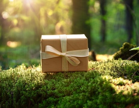 eco friendly gift box on moss in a sunlit forest