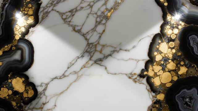 Luxurious white marble slab with gold accents and black agate edges for elegant design and sophisticated interiors