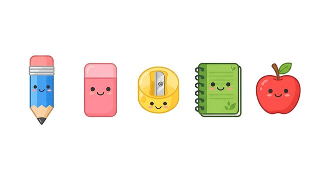 Cute kawaii school supplies icons set on white background