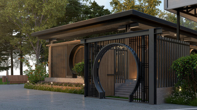 3D rendering architectural visualization of a modern contemporary building exterior. The design features an oriental-inspired circular moon gate entrance, dark vertical wooden slats, concrete steps, a