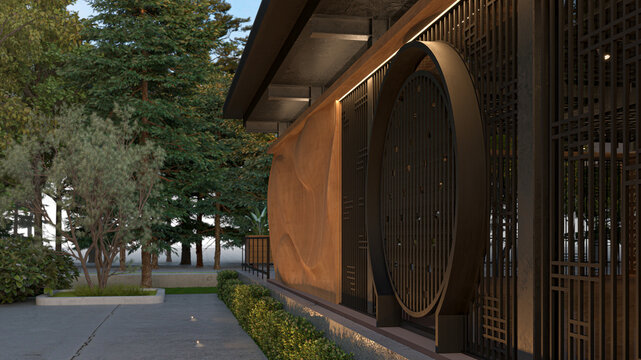 3D rendering of a contemporary architectural building exterior featuring a striking wooden parametric wall, metal slatted screens with a circular cutout, and a landscaped garden at twilight.