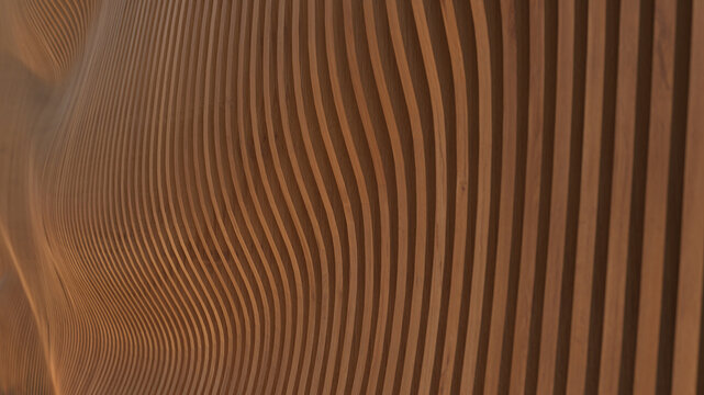 3D rendering of a modern architectural interior or exterior detail showing a wavy parametric wall design made of vertical wooden slats.