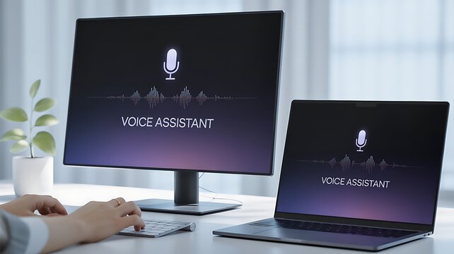 Person leveraging cutting-edge voice assistant technology across multiple screens, enhancing productivity and digital interaction in a modern professional workspace