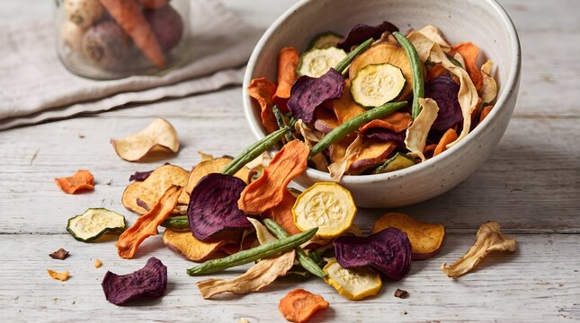 Assorted crispy dried vegetable chips spilling out of a ceramic bowl