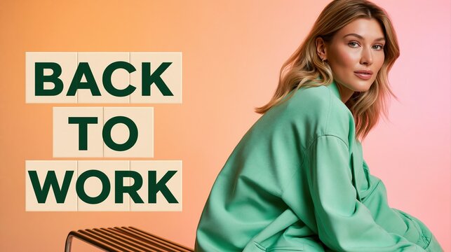 Beautiful blonde woman in green sweatshirt looking back at camera with text back to work