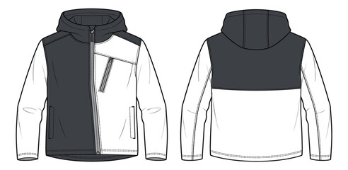 Two-Tone Hooded Jacket Technical Flat Sketch Front and Back View Vector © Khademul
