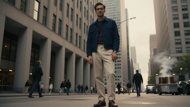 A man stands confidently on a bustling city street amidst modern office buildings, wearing a navy blue denim jacket and beige chinos.