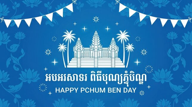 Happy pchum ben day greeting card with angkor wat illustration and lotus flower pattern on blue background