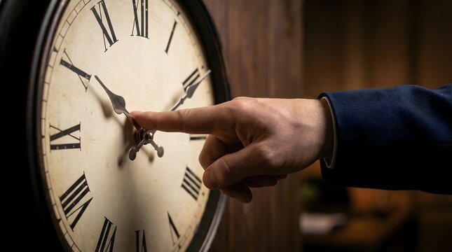 Vintage wall clock with roman numerals, businessman hand pointing at clock face, concept of time management and deadlines in office