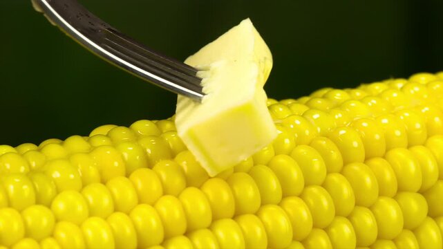 Oil Melts on Hot Corn. A piece of butter strung on a fork slowly moves along the surface of hot corn, leaving behind an appetizing melting trail