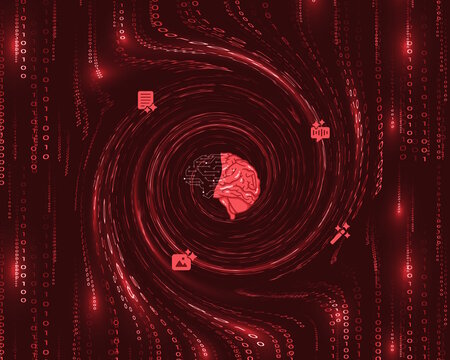 Illustration de ce que peux faire l'intelligence artificielle g&eacute;n&eacute;rative, g&eacute;n&eacute;ration de son, d'image, de texte, de document, de s&eacute;lection, pour montrer le progr&egrave;s, l'informatique, rouge sur fond noir
