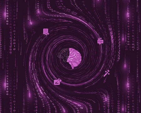 Illustration de ce que peux faire l'intelligence artificielle g&eacute;n&eacute;rative, g&eacute;n&eacute;ration d'image, de son, de texte, de document, de s&eacute;lection, pour illustrer le progr&egrave;s, l'informatique, rose sur fond noir