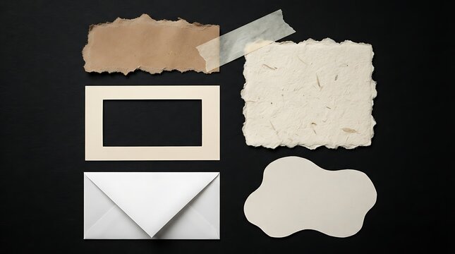 Assorted torn paper scraps and envelope on black background