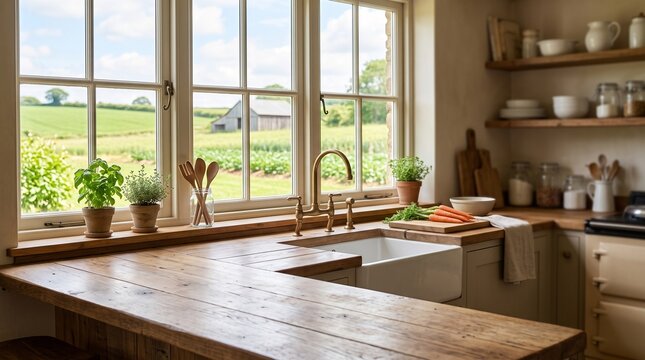 Cozy farmhouse kitchen counter with ceramic sink and fresh carrots overlooking scenic green fields and barn through a large window conveying rustic country living